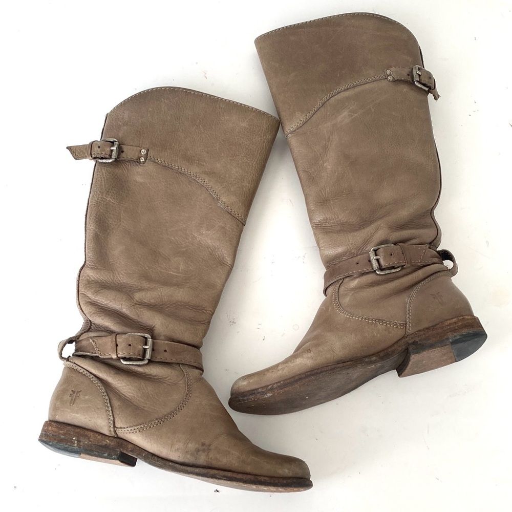 Frye Women's Knee High Tall Taupe Leather Strap Boots Sz 6 Boho Western